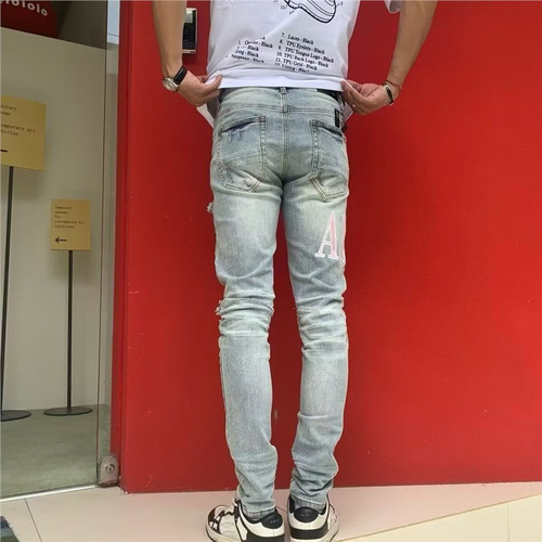 High-Version AM Style Punk Retro Blue Ripped Slim Fit Elastic Print Dye Men's Jeans