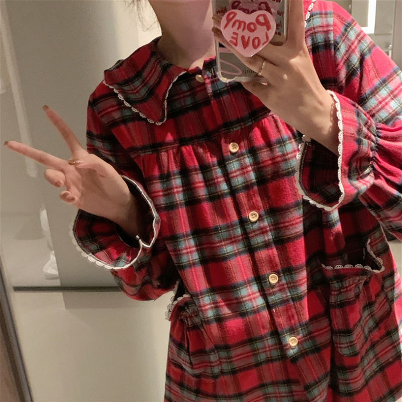 South Korea foreign trade ladies ins Christmas red plaid New Year brushed cute lucky bag home wear pajamas suit women
