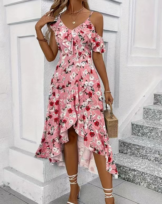 Women's Clothing Floral Print Sundress Irregular Slit Slim Waist Vacation Style Long Dress Fairy Beach Photos Dress For Women_ecoleips.com