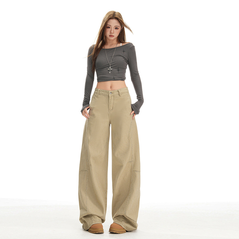 American-Style Khaki Jeans for Women, Autumn New Design, Patchwork, Loose, Slimming, Drapey, Floor-Length Wide-Leg Pants