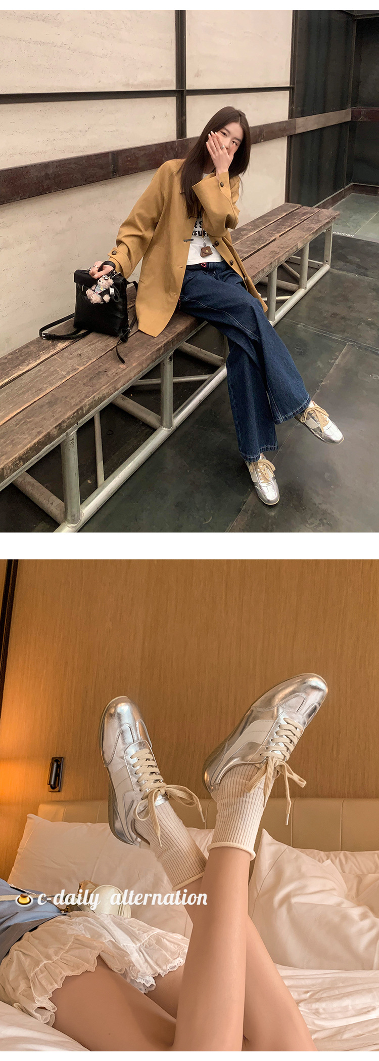 Giày sneaker nữ đế bệt mũi tròn dây buộc da thật phối màu phong cách Đức — Màu nâu chi tiết 23