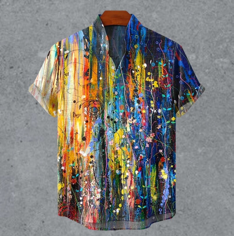 Amazon Independent Site Colorful Ink Men's Linen Shirt with Abstract Lines and Floral Stand Collar Short-Sleeve Shirt Men's Clothing Amazon Independent Site Colorful Ink Men's Linen Shirt with Abstract Lines and Floral Stand Collar Short-Sleeve Shirt Men's Clothing