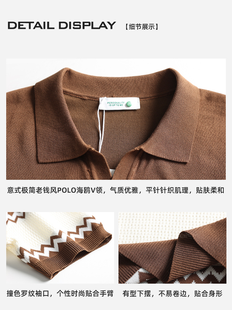 Verano hombre Paul rayas de punto gaviota cuello hielo seda polo camiseta de manga corta hombre casual de alto nivel con solapa ropa de hombre