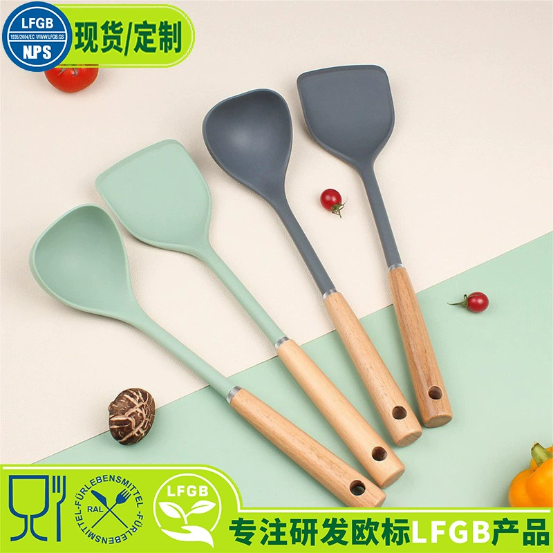 Cross-border hot-selling wooden handle silicone spatula and spoon iron-wrapped silicone cooking spatula non-stick cooking spatula and spoon kitchen utensil set