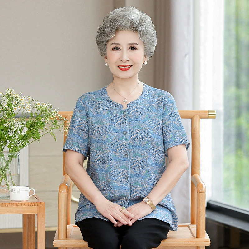 Средний и пожилой человек хлопчатобумажная рубашка женщина 60 лет 70 мама жена хлопковая одежда с короткими рукавами 80 бабушкиных летних костюмов