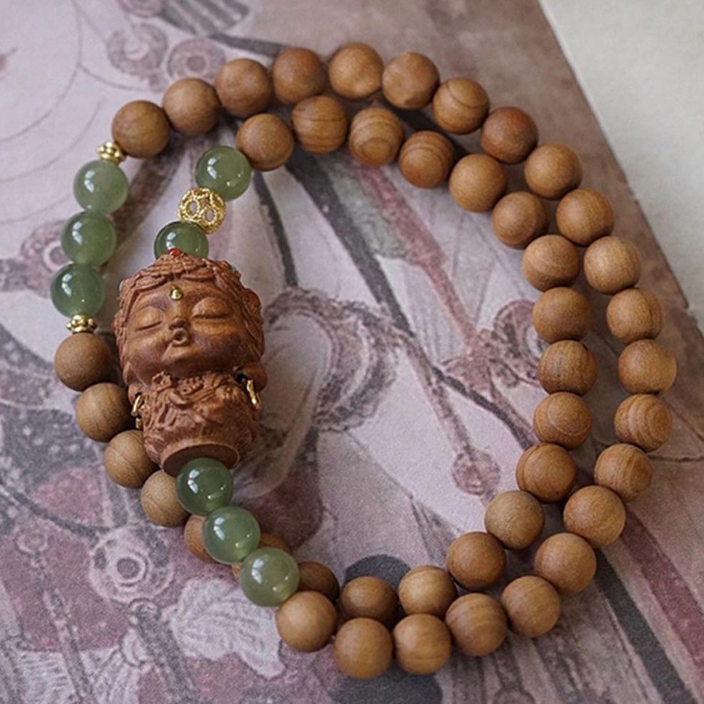 Original Indian Laoshan Sandalwood Bracelet Hetian Jade Double Circle Bracelet Laoshan Sandalwood Green Tara Good Luck Men and Women