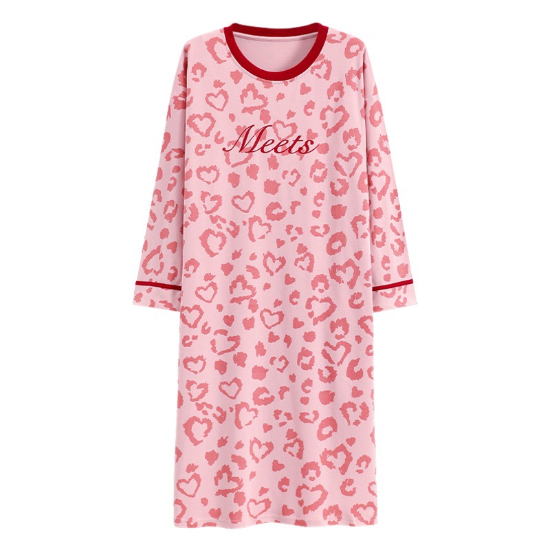 Camisón de las mujeres con almohadilla en el pecho verano primavera y otoño algodón manga larga delgada nuevo leopardo pijamas de algodón de las mujeres desgaste del hogar