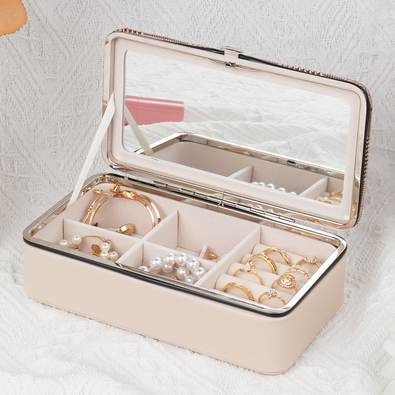首饰盒金属pu粉色珠宝项链耳钉戒指收纳盒专用批发制品格纹文艺风