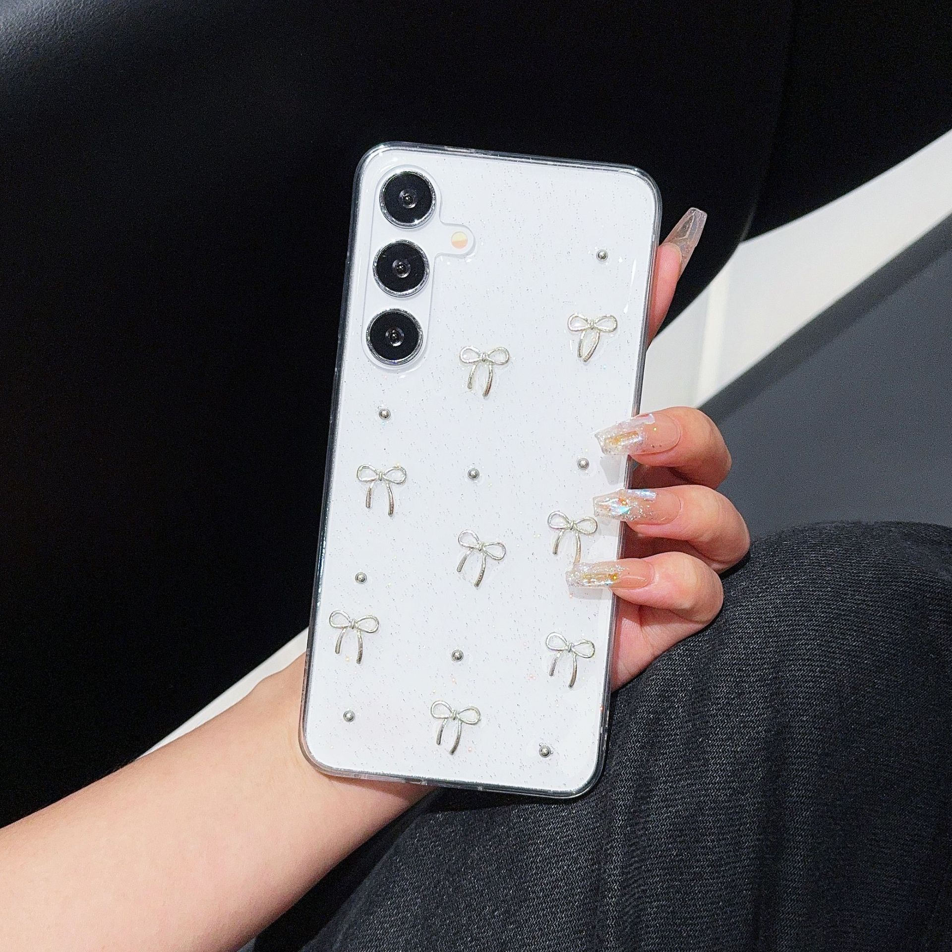 韩风闪粉蝴蝶结S25ultra手机壳适用三星A56透明S24FE简约A16防摔