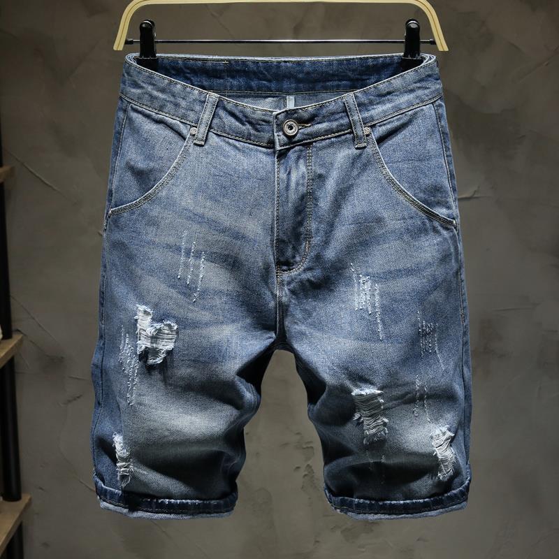 Summer Ripped Denim Shorts for Men, Loose Fit, Plus Size, 5-Point Mid-Length Pants, Trendy Brand, Thin Style, Distressed Shorts
