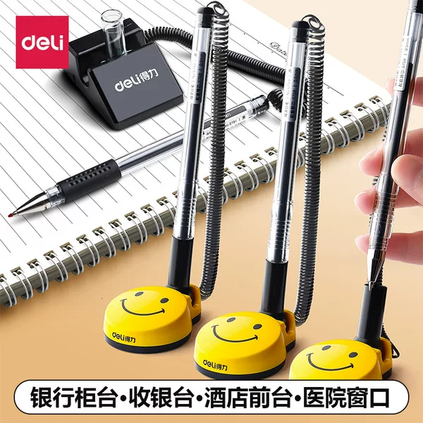 Deli Desk Pen Gel Pen Desktop Fixed Pen Seat with Line Sign Pen with Rope Sticky Table Pen Front Desk Counter Pen