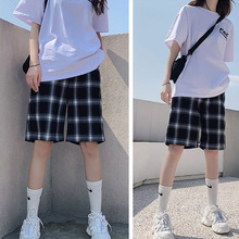 外贸大码胖mm格子阔腿短裤女夏宽松BF风运动休闲五分裤潮薄款批发