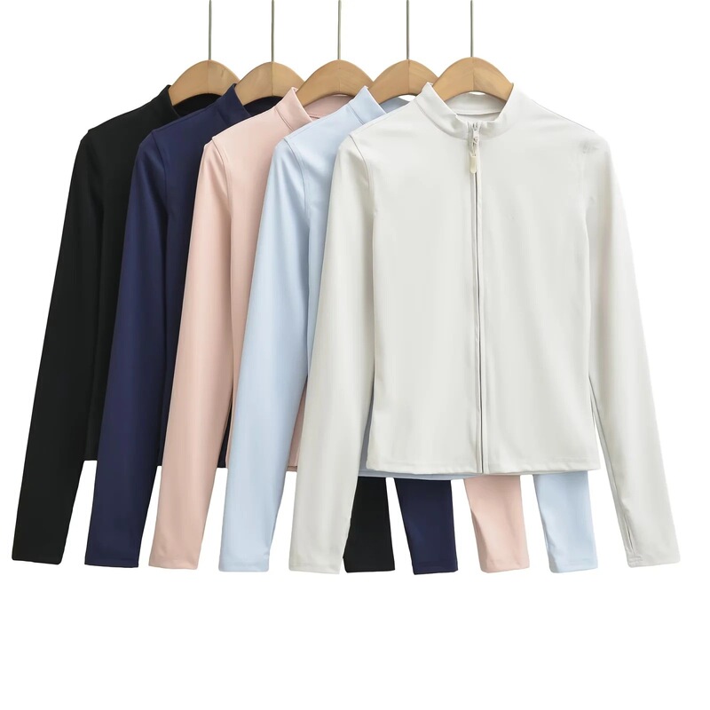 Sexy Slim-Fit Ice Silk Stand-Collar Sun Protection Clothing Set, Cool-Feeling Sports Yoga Pilates Running Long-Sleeve Top Jacket