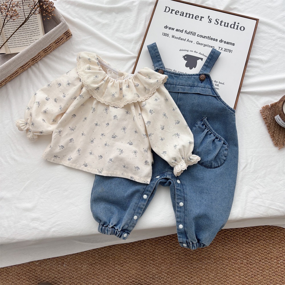 Girls 2025 New Autum Children's Clothing Forest Style Baby Girl Suit Floral Doll Shirt Lace Denim Overalls Two Pieces