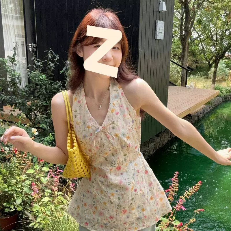 甜美设计感v领挂脖无袖背心吊带女夏季碎花刺绣衬衫小上衣图片色