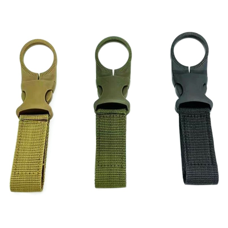 Multifuncional táctico nylon cinta botella de agua colgante hebilla mosquetón plástico mineral botella de agua clip hebilla rápida hebilla colgante