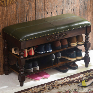 Entryway Shoe Bench American Style Shoe Cabinet with Seat Solid Wood Storage Bench European Style Home Shoe Changing Bench Genuine Leather