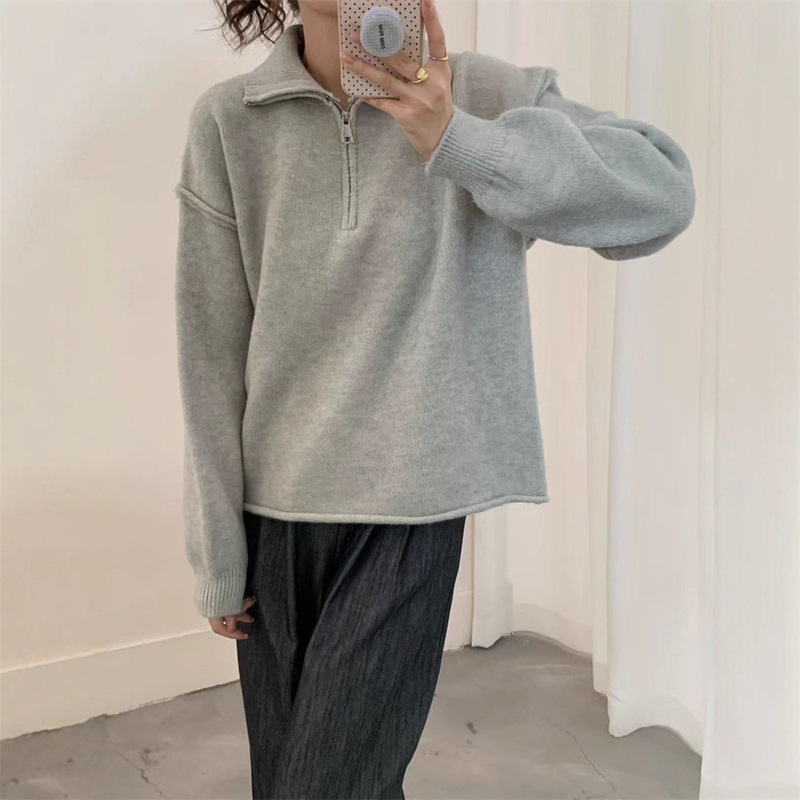 欧美跨境半拉链套头毛衣女秋冬新款宽松慵懒风休闲立领针织衫上衣|undefined