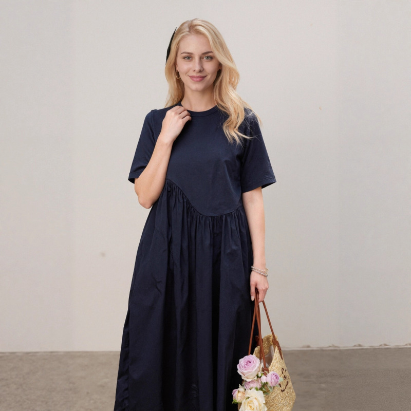 2025 New Cross-Border Casual Elegant Loose Mid-Length Skirt Pleated Splicing Design Short-Sleeved Dress for Women 2025 New Cross-Border Casual Elegant Loose Mid-Length Skirt Pleated Splicing Design Short-Sleeved Dress for Women