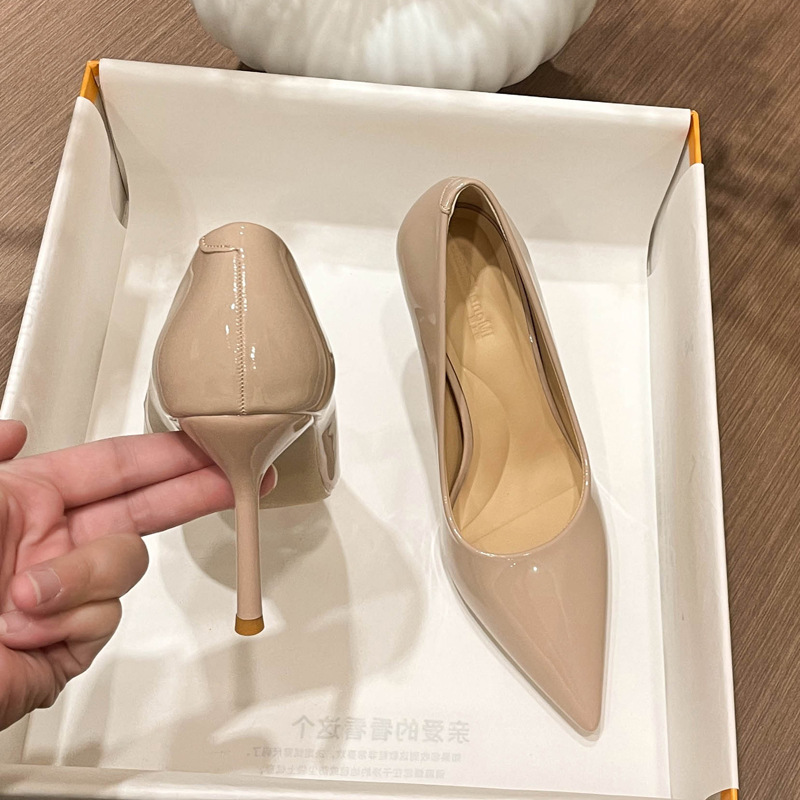Nude High-Heeled Shoes for Women with Thin Heels 2026 Spring and Autumn New Patent Leather Bow Pointed Toe Single Shoes Professional Work Shoes