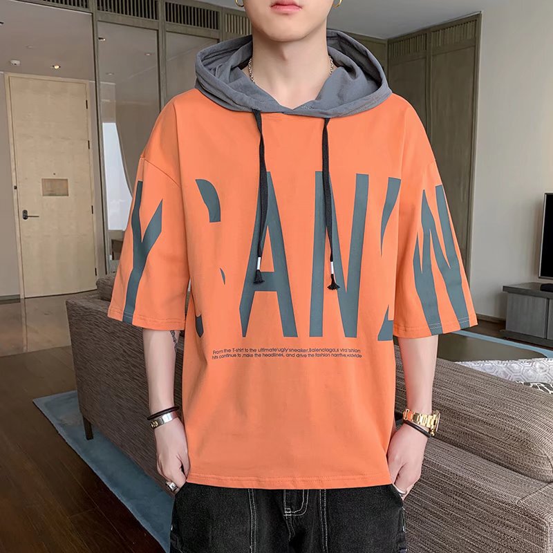 Hooded short-sleeved sweater men's summer fashion Korean casual 2022 workwear half-sleeved T-shirt student handsome top