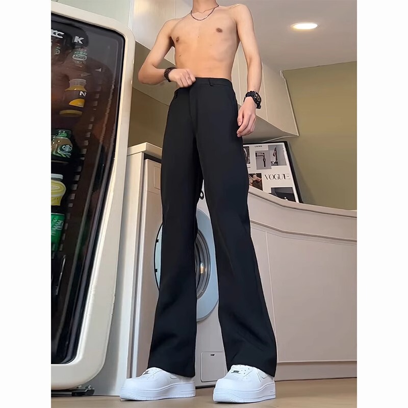 Solid Color Flared Trousers for Men, Black Straight-Leg Casual Pants, Flared Pants with a Clean Fit, Drapey Feel, Height-Enhancing and Slimming Long Pants Solid Color Flared Trousers for Men, Black Straight-Leg Casual Pants, Flared Pants with a Clean Fit, Drapey Feel, Height-Enhancing and Slimming Long Pants