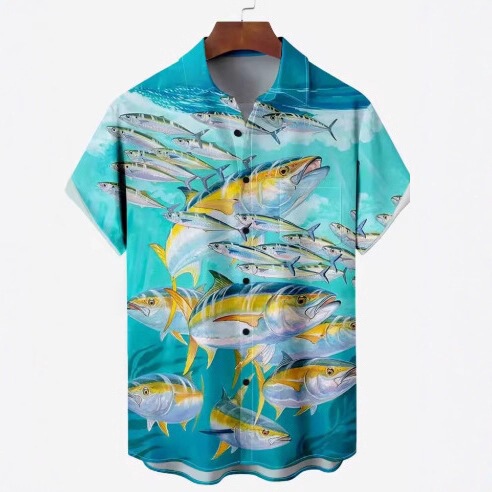 Men's Comfortable Breathable Hawaiian Fishing Print Shirt, Men's Short-Sleeve Shirt, Summer Loose Beach T-Shirt, Thin Men's Comfortable Breathable Hawaiian Fishing Print Shirt, Men's Short-Sleeve Shirt, Summer Loose Beach T-Shirt, Thin