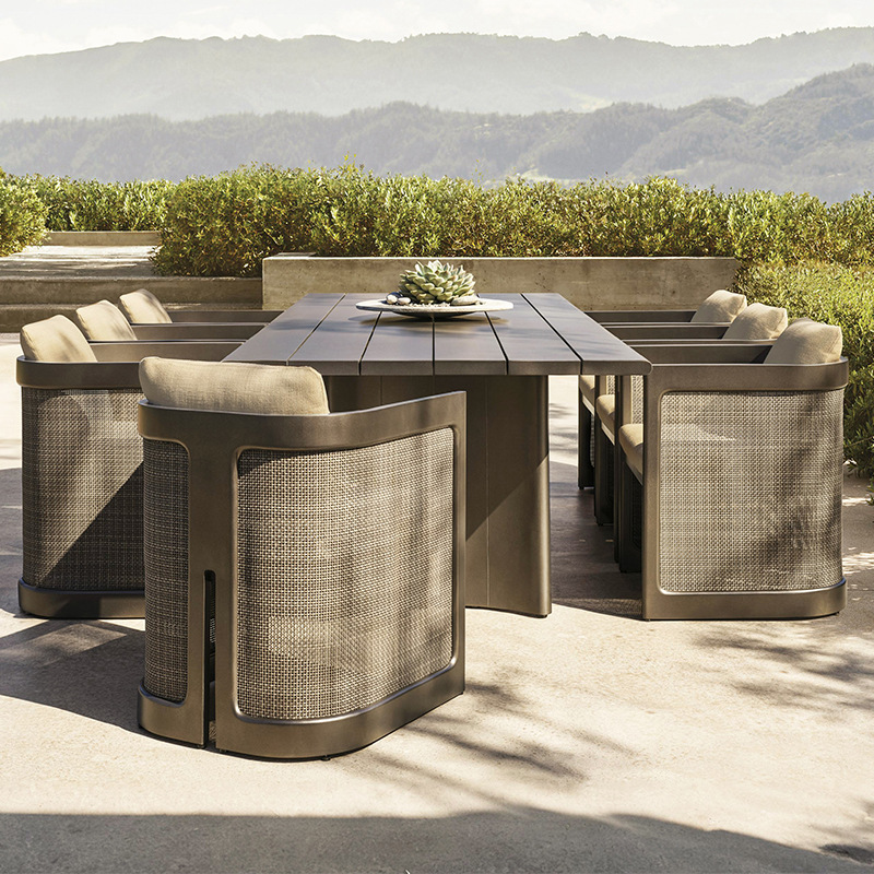 Mesa y silla de madera maciza al aire libre, patio villa, mesa larga de ocio al aire libre, terraza de jardín al aire libre, combinación de mesa impermeable y protector solar image 2