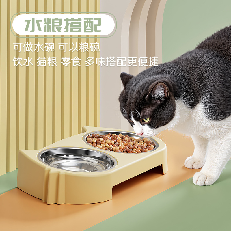 새로운 스테인리스 고양이 그릇, 이중 그릇 일체형 애완동물 그릇, 귀엽고 넘어지지 않는 2-in-1 급식 및 급수 고양이와 강아지 식기