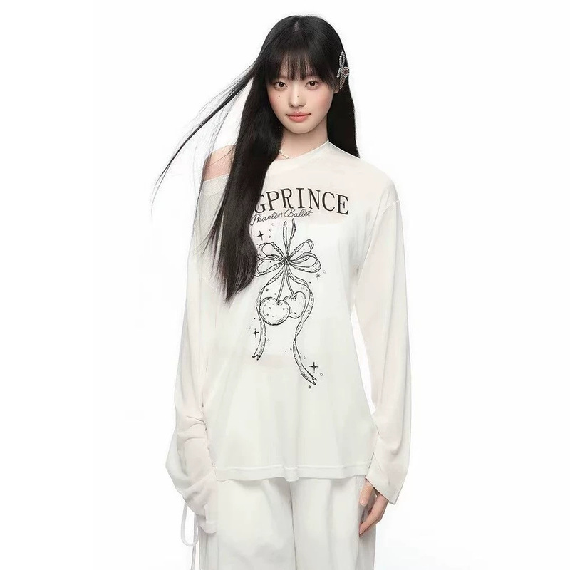 Plus-Size Loose Early Spring Sun-Protective Summer Lightweight Cover-Up Blouse with Unique Design, Cool White Off-Shoulder Long-Sleeve Women's T-Shirt Plus-Size Loose Early Spring Sun-Protective Summer Lightweight Cover-Up Blouse with Unique Design, Cool White Off-Shoulder Long-Sleeve Women's T-Shirt