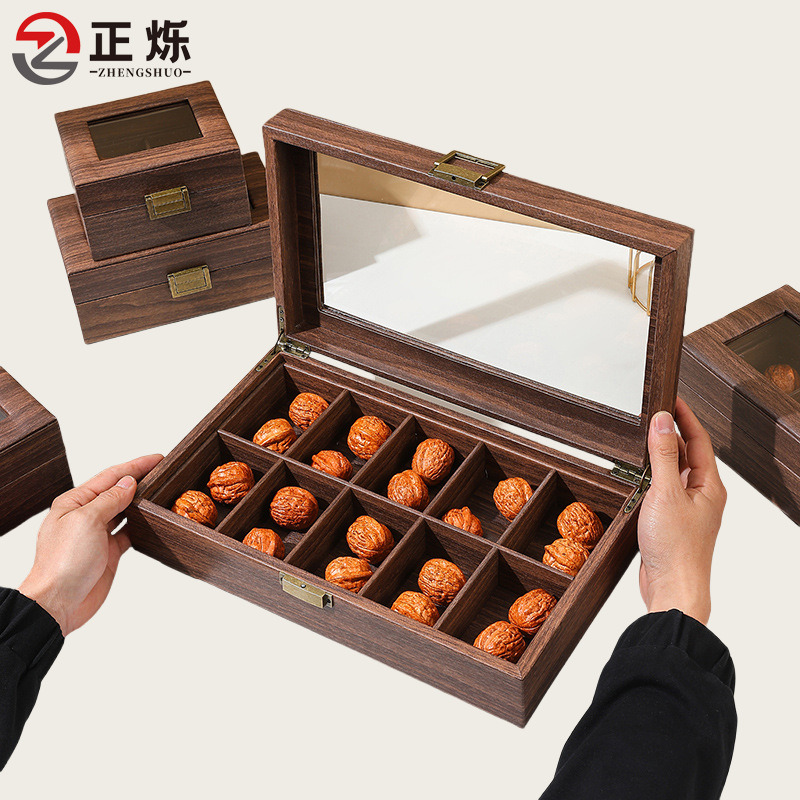 Dust-Proof High-End Walnut Storage Box, Retro Leather Storage Box, Lion Head Bracelet Box, Buddha Beads Display Box