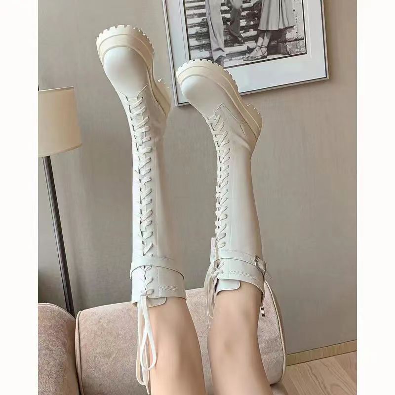 Extra-long autumn high boots platform with shoelaces heels made of…