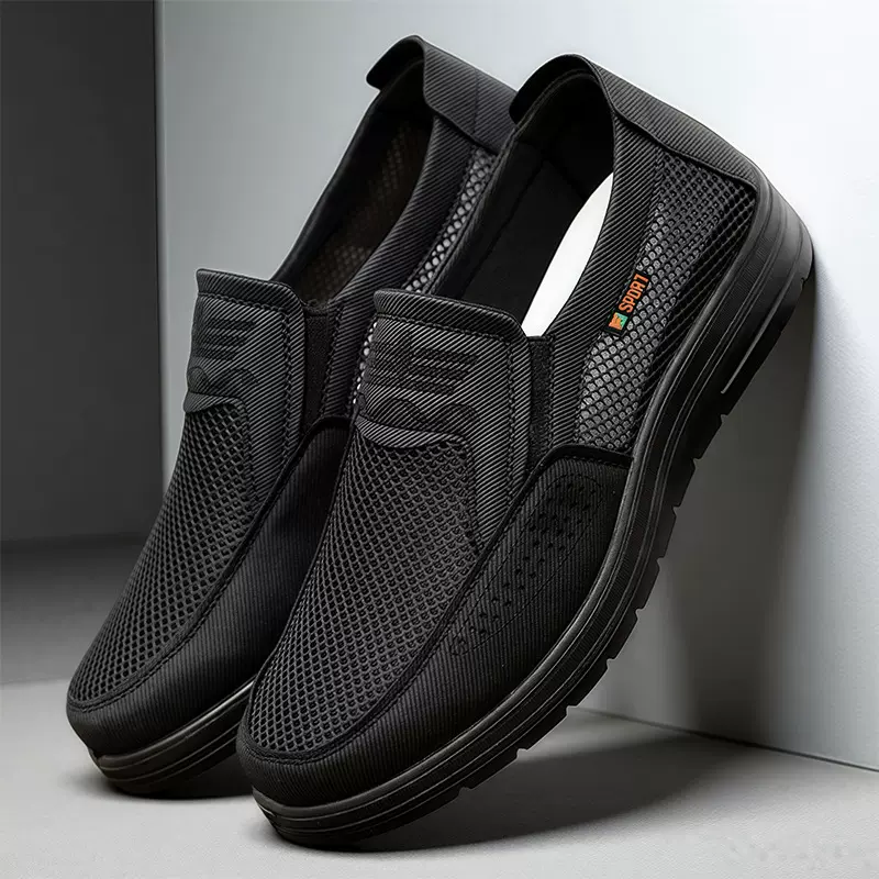 跨境网面鞋子男2025年夏季新款中老年爸爸鞋聚氨酯轻便软底一脚蹬