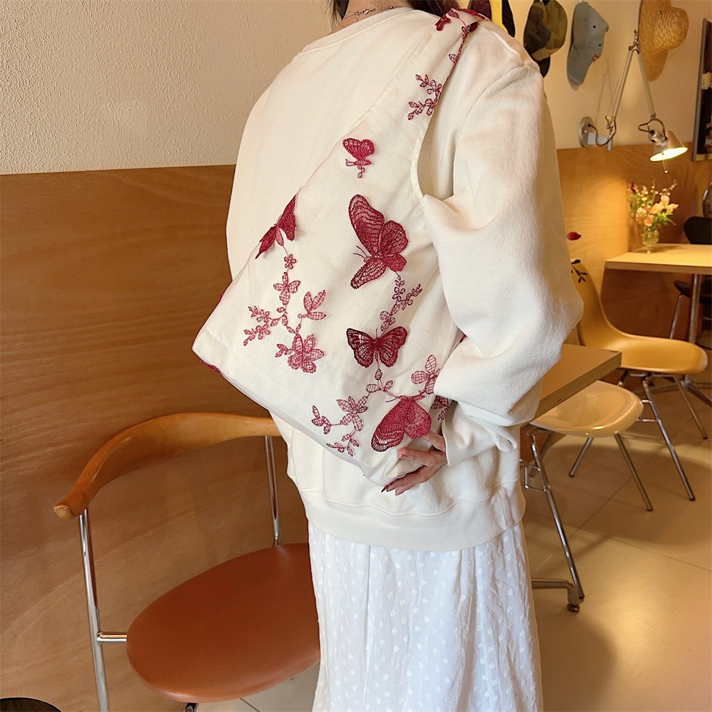 44292 Traditional Chinese style retro embroidered lace butterfly cloth bag for casual women's travel, canvas bag, large capacity single-shoulder bag undefined