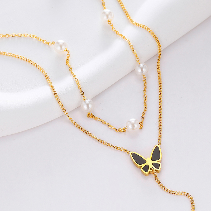 Titanium Steel IG Style Butterfly Plating Inlay Artificial Pearls Double Layer Necklaces display picture 2