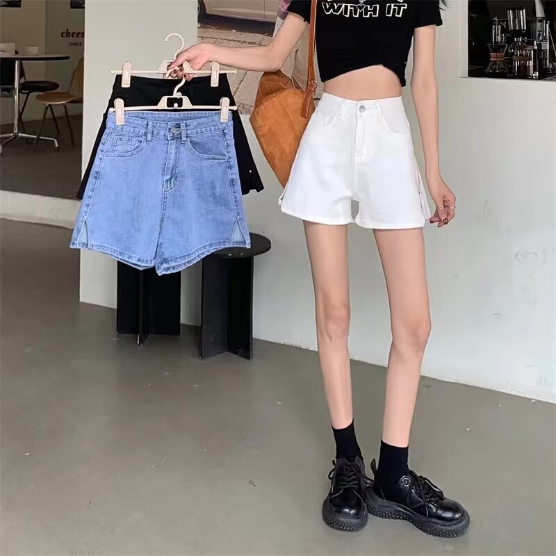 Summer 2023 New Korean Style High Waist Slimming Split Blue Denim Hot Pants Women's Wide Leg Straight Shorts Trendy Summer 2023 New Korean Style High Waist Slimming Split Blue Denim Hot Pants Women's Wide Leg Straight Shorts Trendy