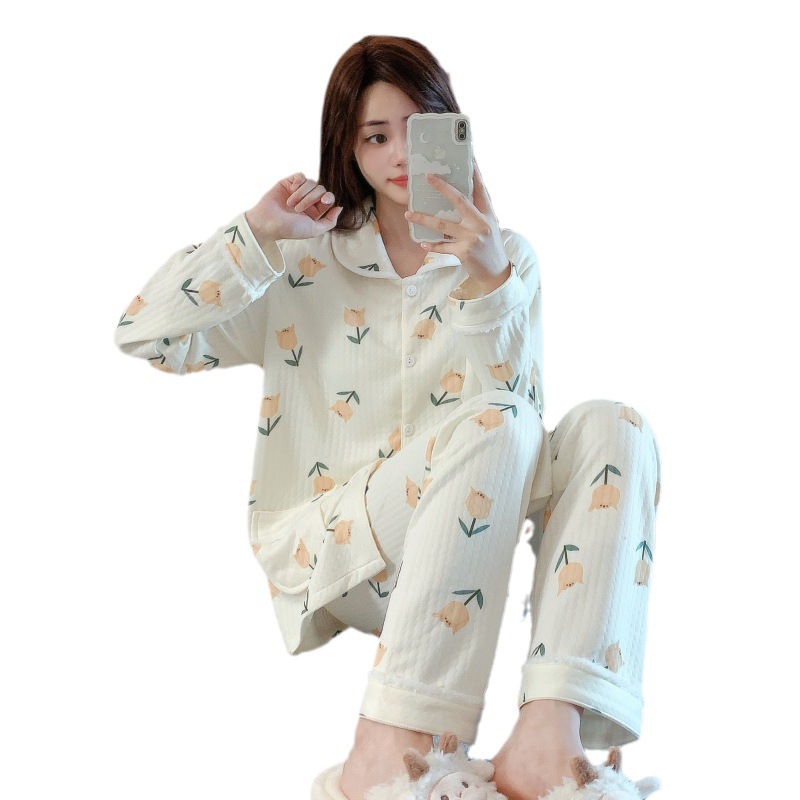 Lindo dibujos animados pijama impreso Otoño e Invierno pijamas de manga larga de las mujeres de aire sándwich cardigan traje de homewear de la niña
