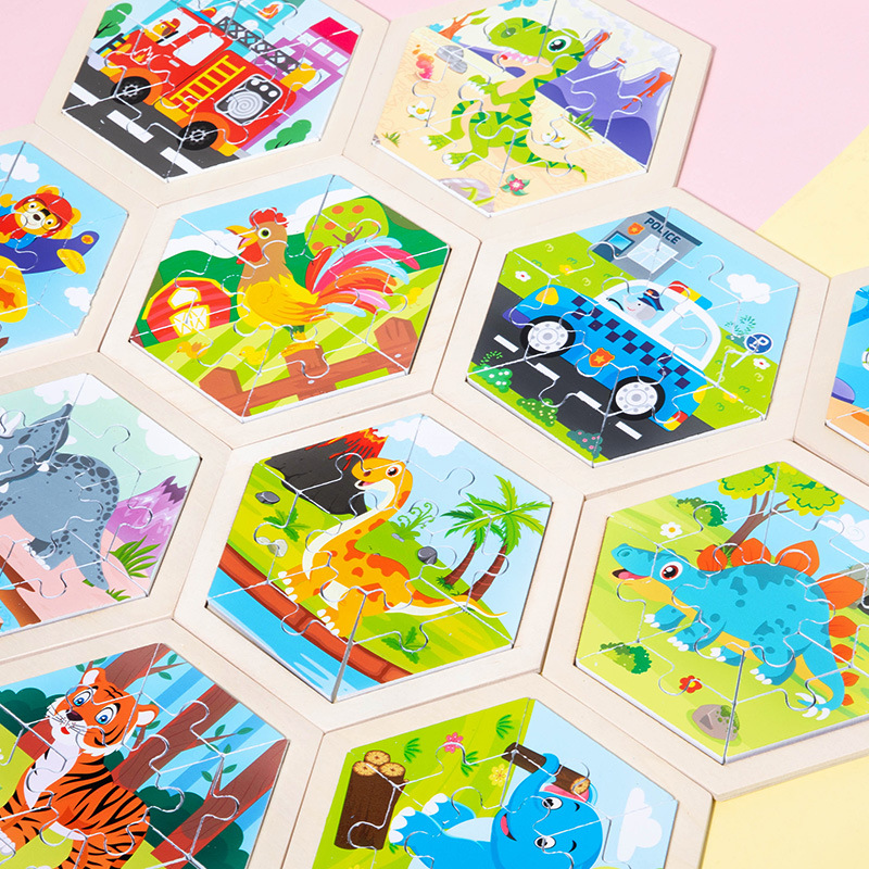 Rompecabezas de animales de dibujos animados tridimensional creativo para niños hexagonales rompecabezas de Educación Temprana de Madera Juguetes cognitivos de tráfico de frutas y verduras