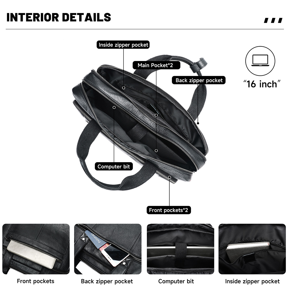 Cặp da bò công sở nam đựng laptop 16 inch nhiều ngăn — Màu đen, Màu cà phê, Màu đen da sáp dầu, Cà phê dầu
