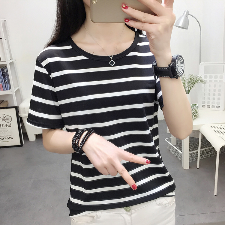 2025 Han Fan Slim Look Top Casual Simple Striped Round Neck Loose Short-sleeved T-shirt Women's Summer Base Shirt Top