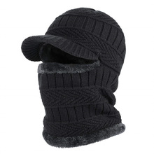 跨境專供冬季針織帽男加絨加厚毛線帽圍脖一體套帽護耳防寒保暖帽