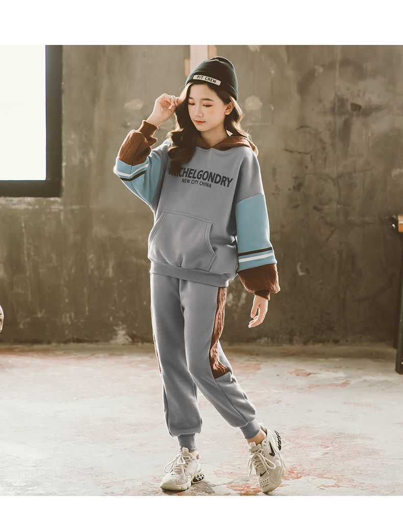 女大童秋装2021新款潮拼色印花儿童套装秋冬加绒加厚韩版洋气卫衣详情13
