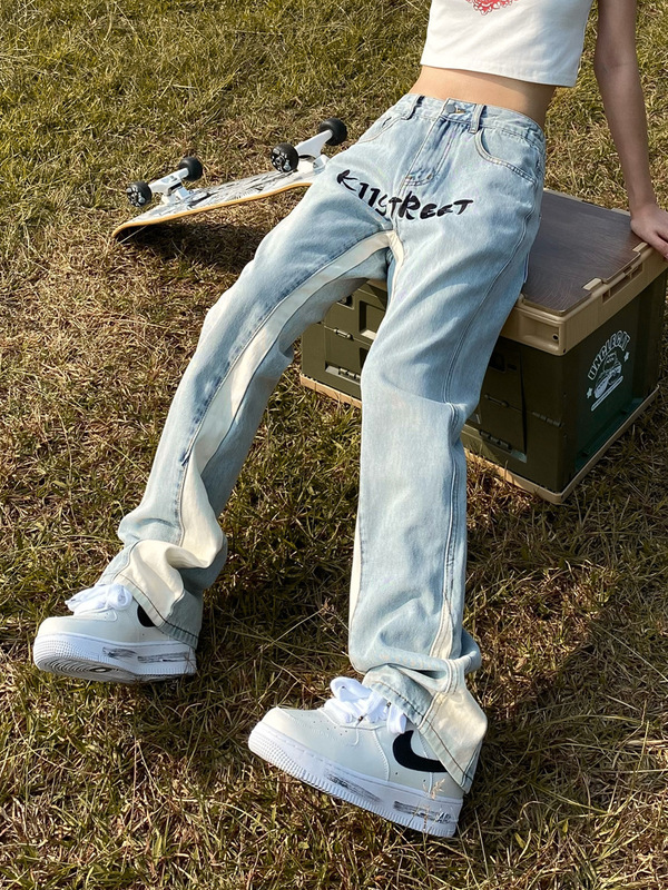 2023 American Vintage vibe High Street Light Color Jeans European and American Letter Embroidered Micro Horn Pants ins Trendy 2023 American Vintage vibe High Street Light Color Jeans European and American Letter Embroidered Micro Horn Pants ins Trendy