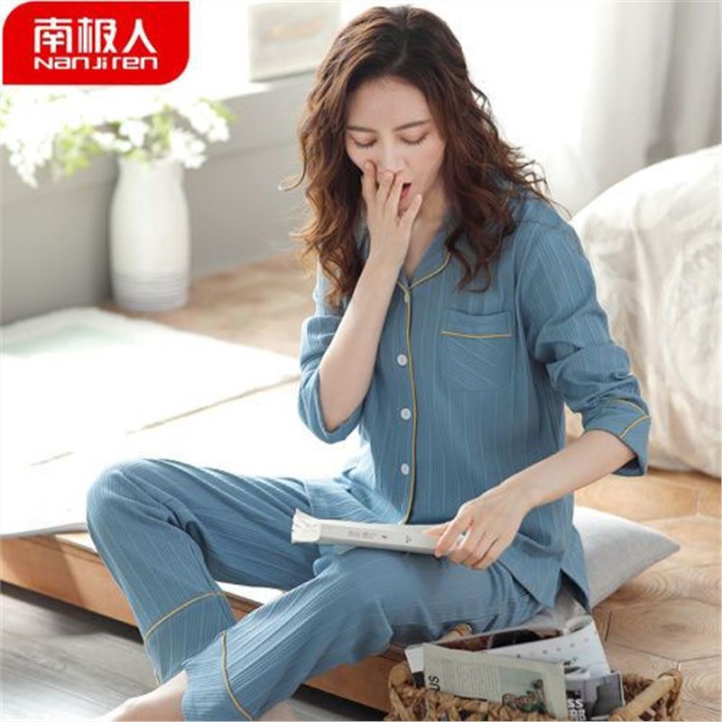 De alta gama 100% algodón de doble cara pijamas de primavera y otoño de las mujeres de manga larga más el tamaño de ropa para el hogar de otoño e invierno ropa de confinamiento