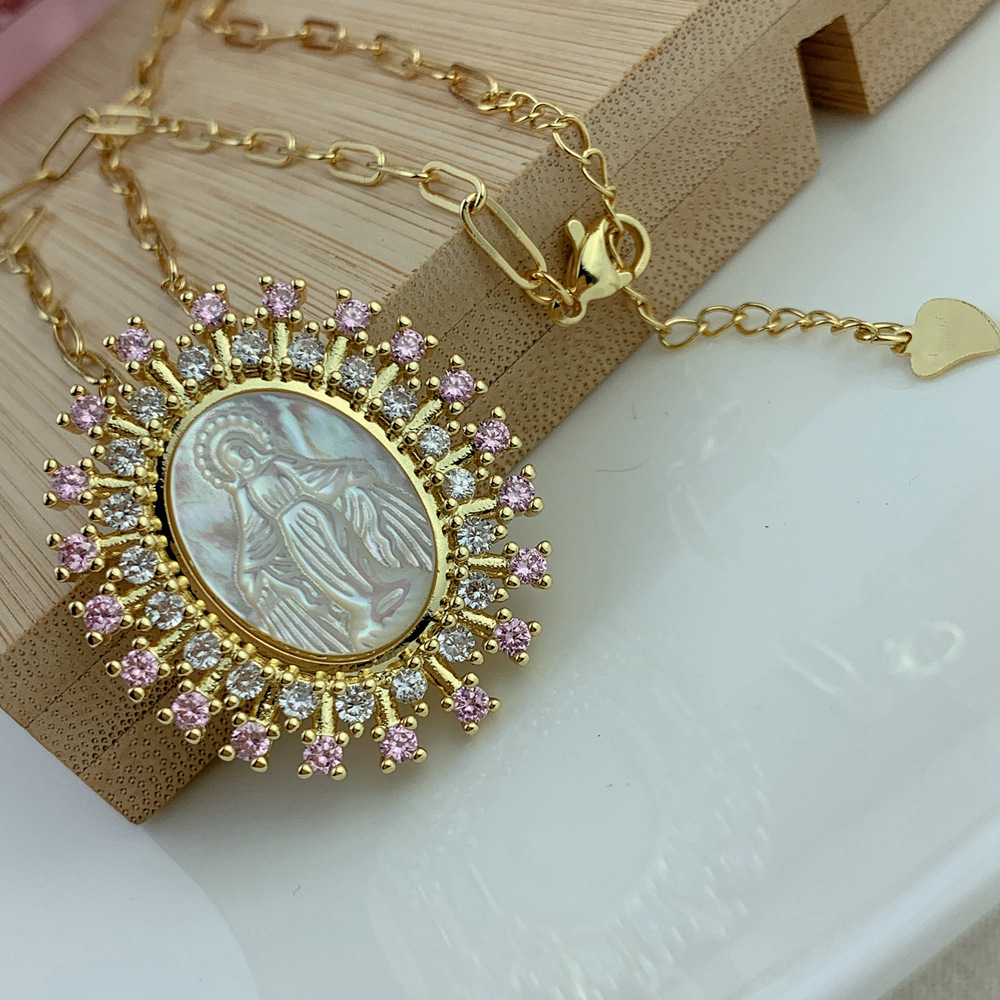 Plating Design Natural Fritillary Copper Plating Human Virgin Mary Zircon Pendant Necklace