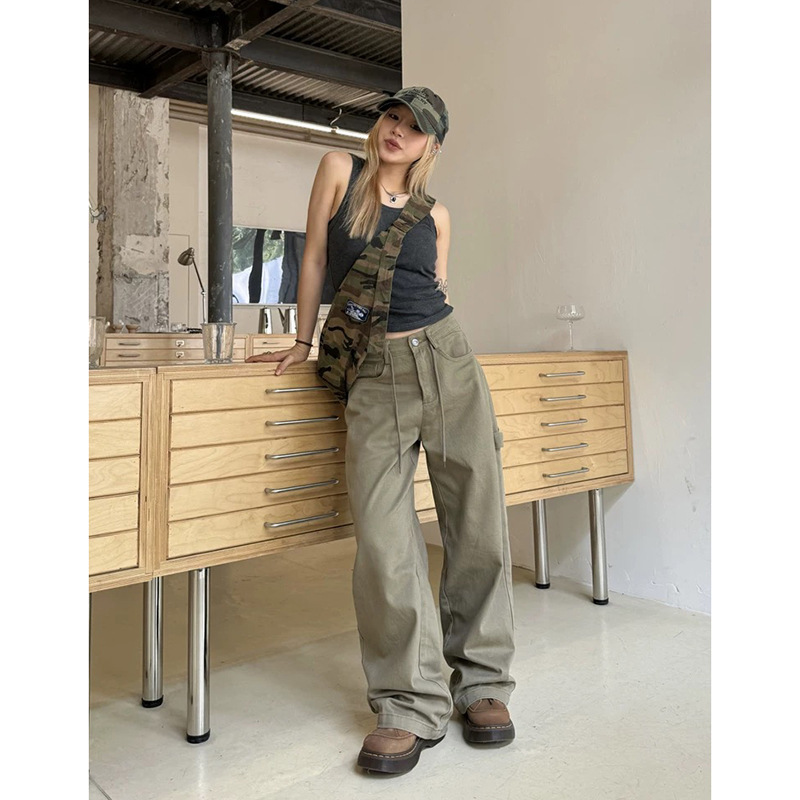 アメリカのゆるいストレート刺繍ベルトひも工装ズボン男女復古街頭広脚ズボン潮|undefined