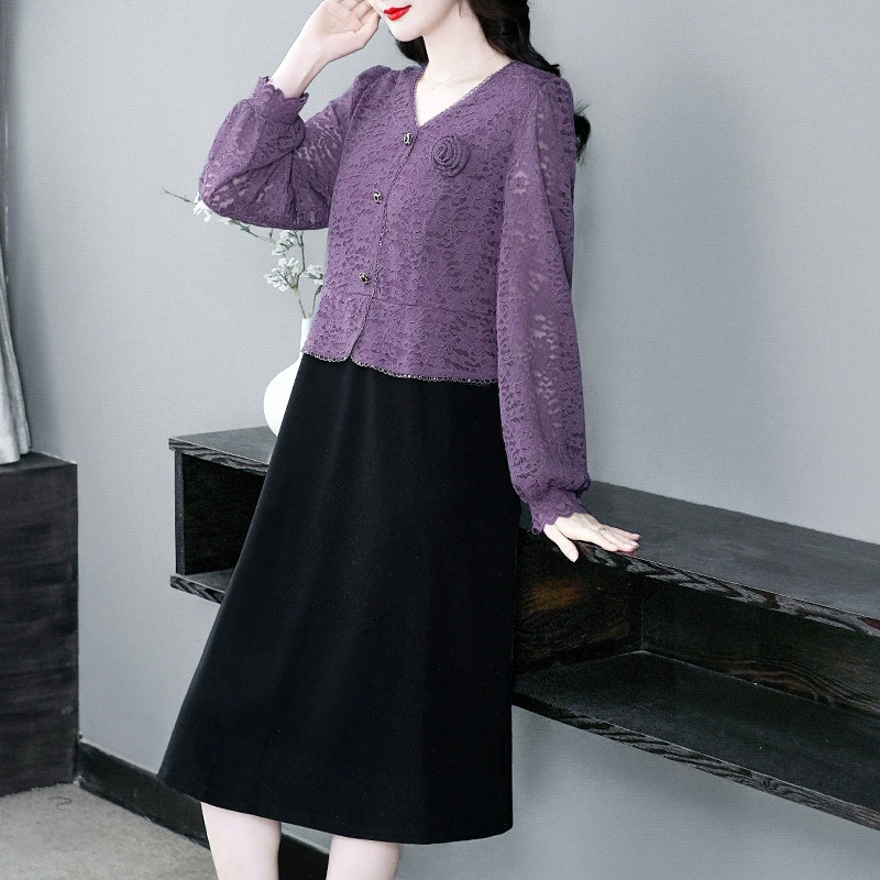 Весенний новый интернет-красный тот же большой размер кружева легкий темперамент с длинными рукавами прямой юбка мама среднего возраста