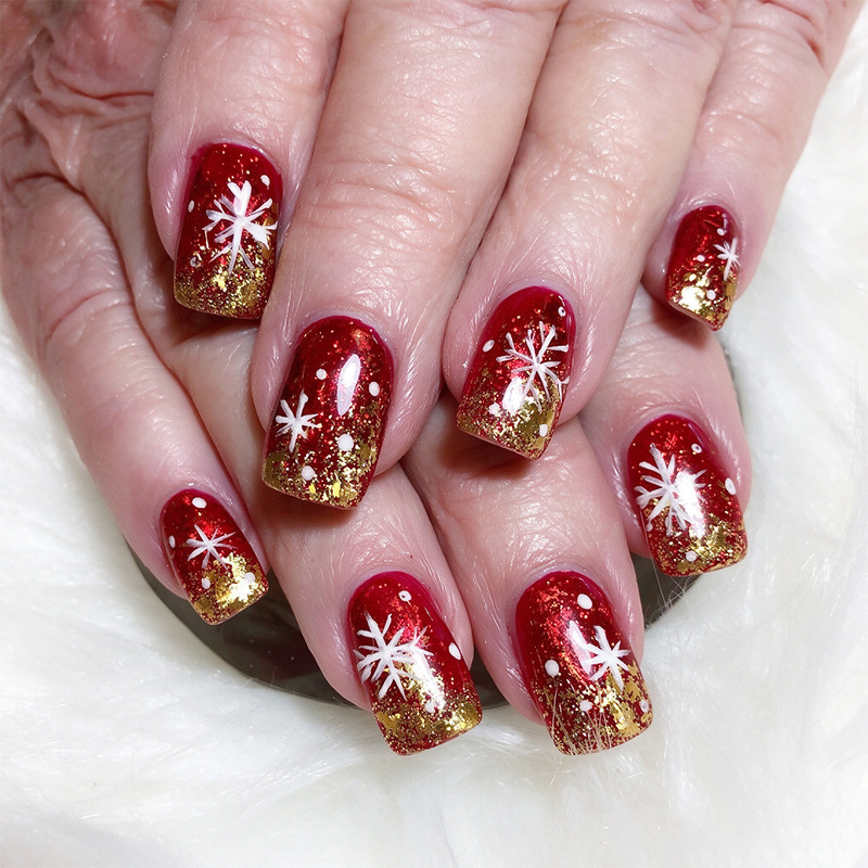 Christmas press-on nails, medium square shape, red with white snowflake glitter, detachable fake nail tips Christmas press-on nails, medium square shape, red with white snowflake glitter, detachable fake nail tips