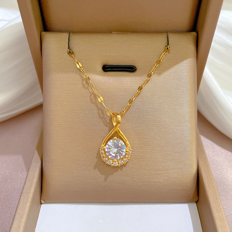 Water Drop Gemstone Necklace Titanium Steel Diamond Inlaid Ins_voghion.com