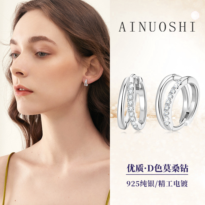 2024 New Ins Style Personalized Double Hoop Earrings for Women Niche Simple Moissanite Earrings 925 Sterling Silver Export Wholesale